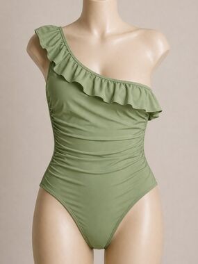 Sage Green One-Shoulder Ruffle Swimsuit – Women’s One Piece
